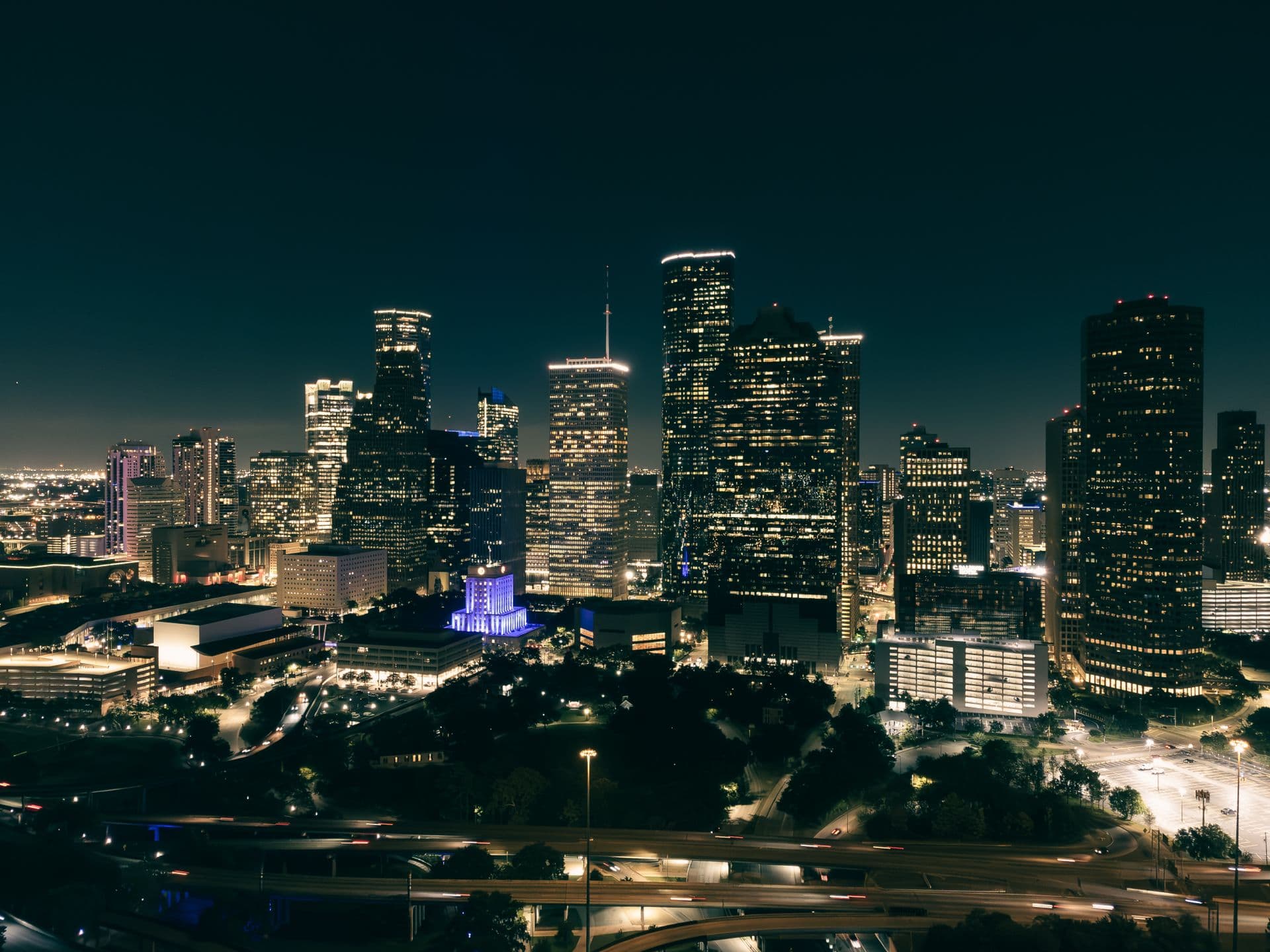 Aerial view of a city at night